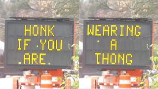 Hacked road sign asks what you wear down there